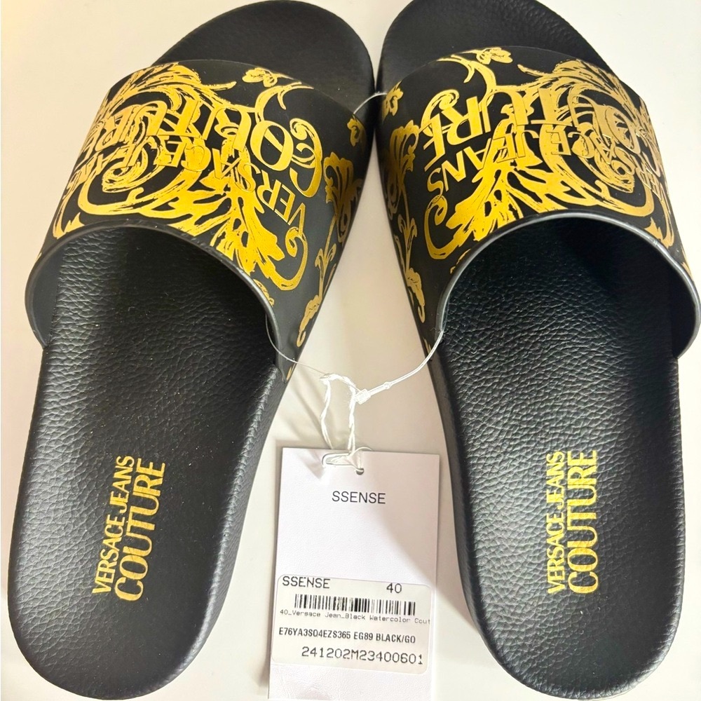 Versace Jeans Collection Black and Gold Baroque Sandals